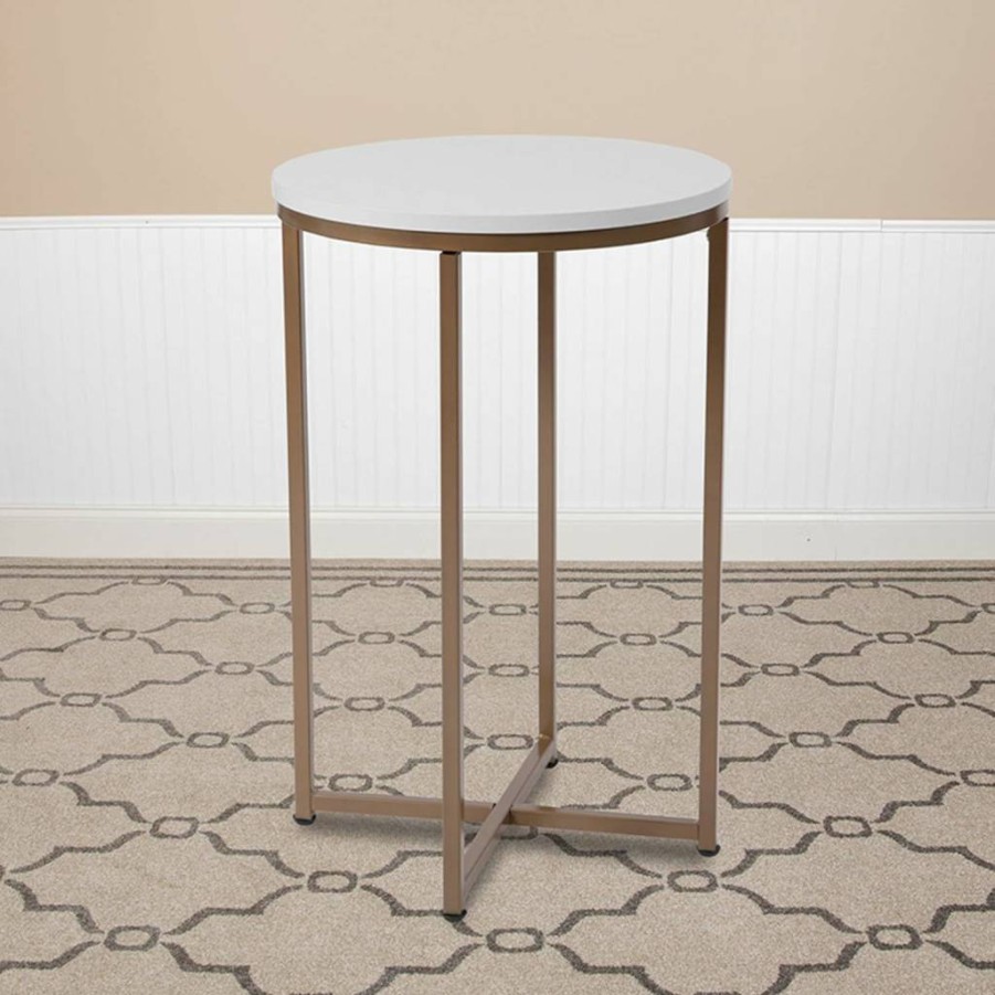 Flash Furniture Hampstead Modern End Table with Crisscross Gold Frame - White Finish Accent Table
