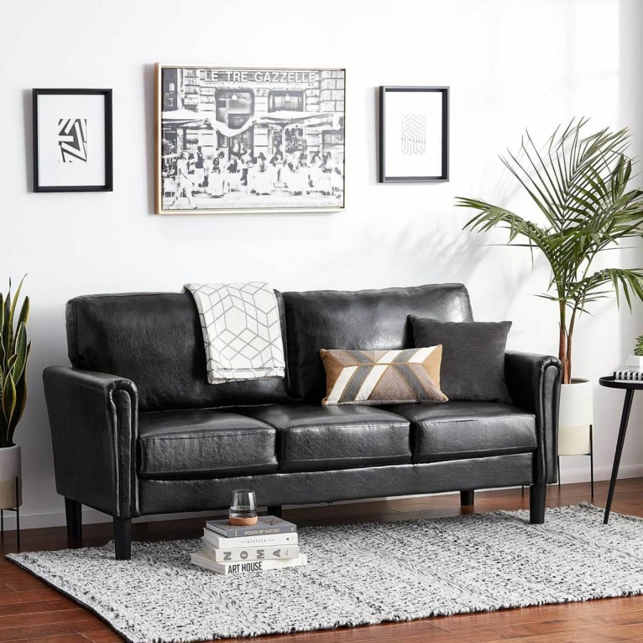 Flash Furniture Bari Black Leathersoft Upholstered Sofa - Modern Comfortable Living Room Couch