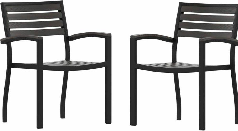 Flash Furniture 2-Pack Commercial Grade Stackable Aluminum Patio Chairs - All-Weather Black Frame with Faux Teak Slats for Outdoor Dining & Garden