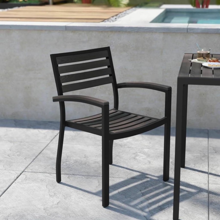 Flash Furniture 2-Pack Commercial Grade Stackable Aluminum Patio Chairs - All-Weather Black Frame with Faux Teak Slats for Outdoor Dining & Garden