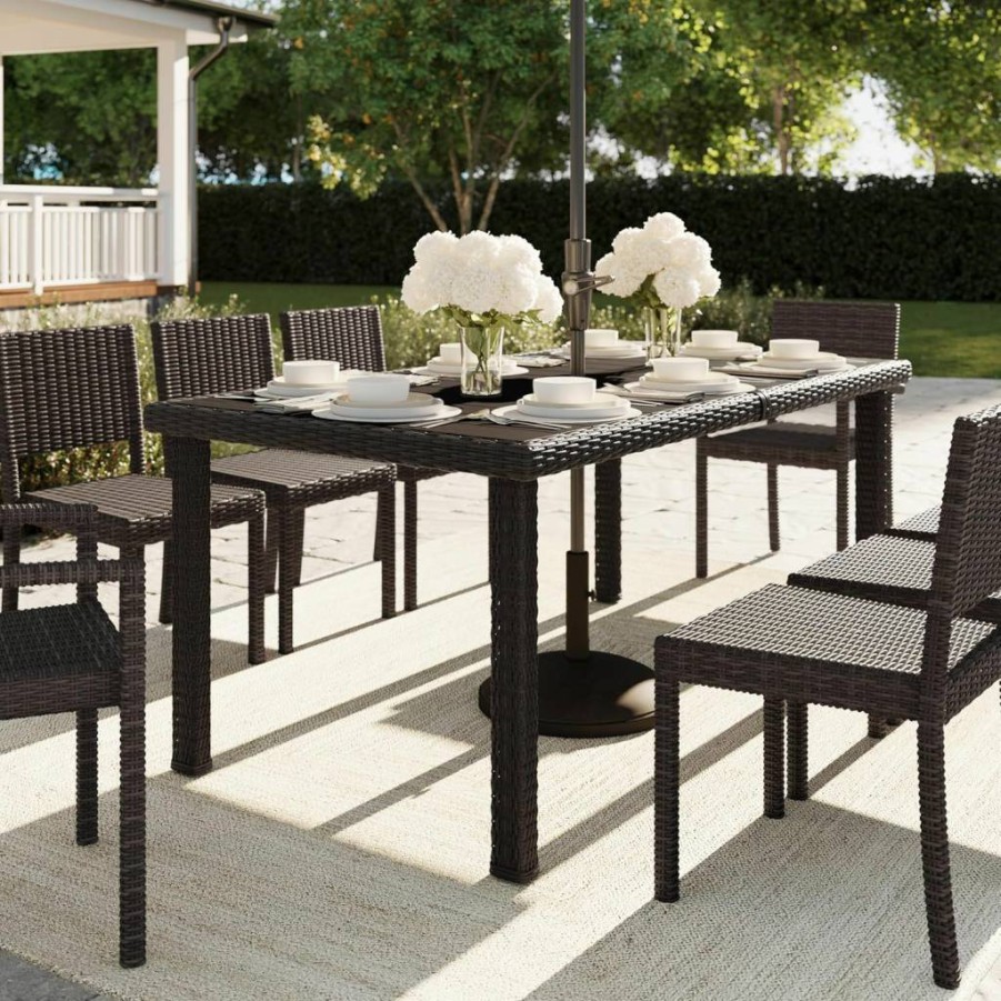 Martha Stewart 62" Bedford Brown Faux Wood Patio Table with Rattan Wicker Finish for Indoor and Outdoor Use