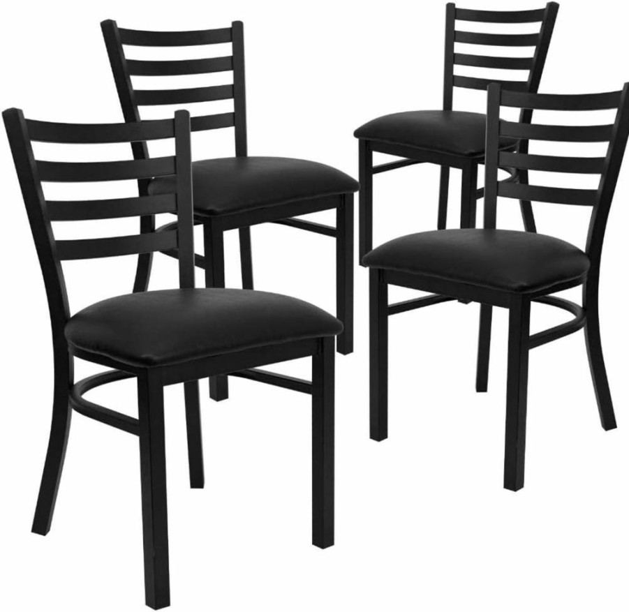 Flash Furniture 4-Pack Hercules Series Black Metal Ladder Back Chairs with Black Vinyl Seating for Restaurants