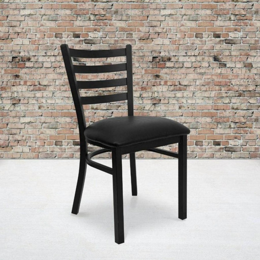 Flash Furniture 4-Pack Hercules Series Black Metal Ladder Back Chairs with Black Vinyl Seating for Restaurants