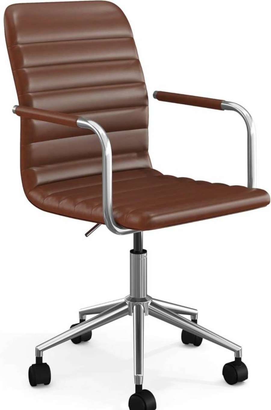 Martha Stewart Black Faux Leather Swivel Task Chair with Armrests and Polished Brass Frame for Home Office