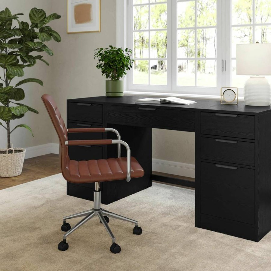 Martha Stewart Black Faux Leather Swivel Task Chair with Armrests and Polished Brass Frame for Home Office