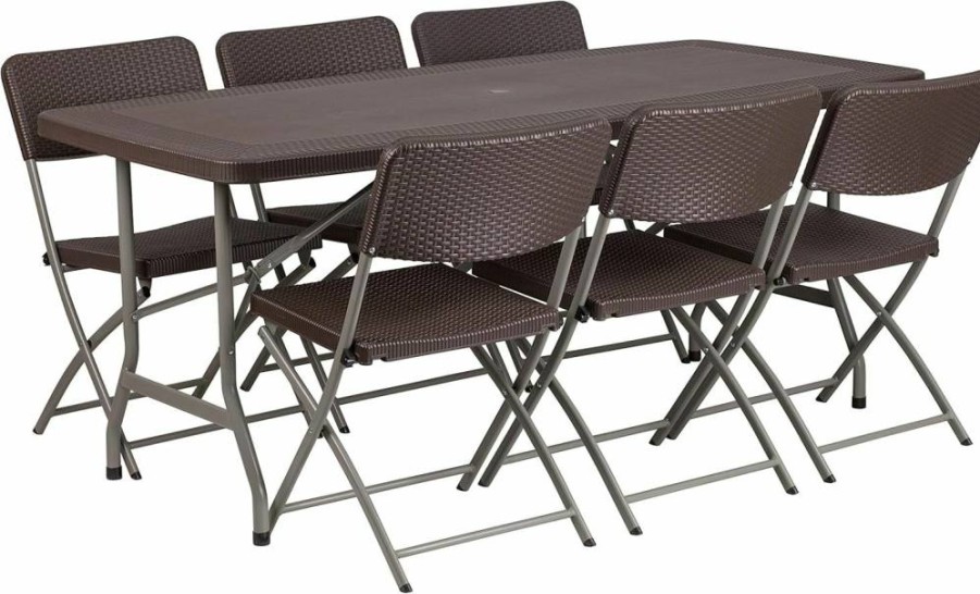 Flash Furniture 5.6ft Brown Rattan Folding Dining Set - 6 Plastic Chairs, Indoor Outdoor Patio Table