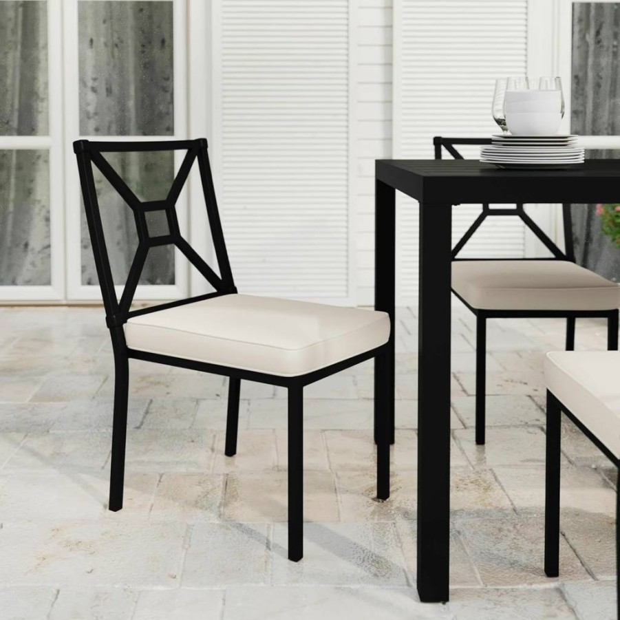 Martha Stewart Black Stackable Patio Chair with Cream Cushion - All-Weather Steel Frame & Elevated Backrest Design