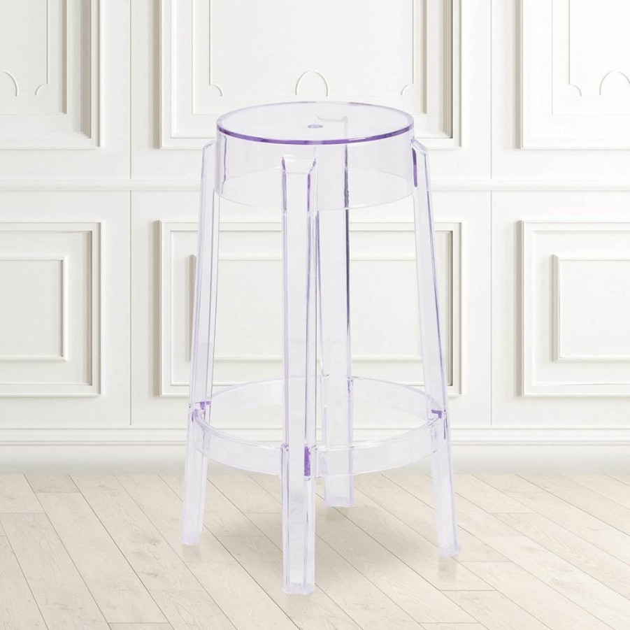 Flash Furniture Laney 25.75" Stackable Transparent Ghost Stool for Indoor/Outdoor Counter Height Dining - Clear Acrylic Stool with Foot Ring