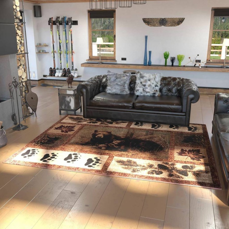 Flash Furniture Vassa Collection 4'x5' Nature Themed Area Rug - Mother Bear & Cubs Design, Jute Backing for Living Room, Bedroom & Entryway