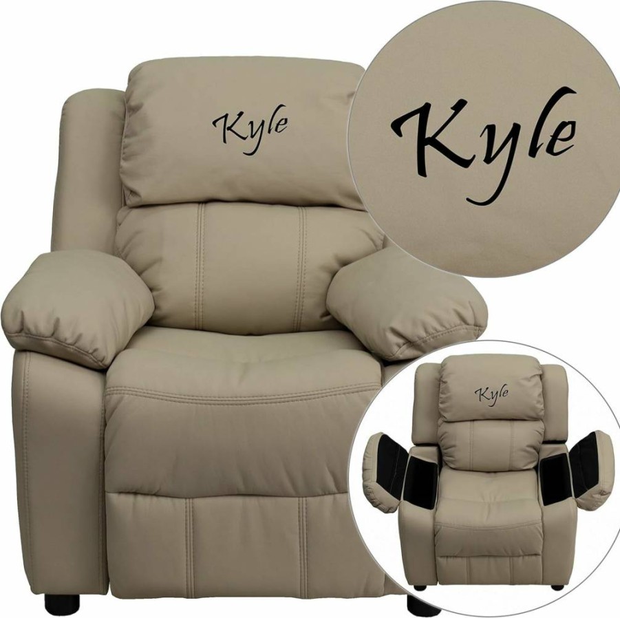 Flash Furniture BT-7985 Personalized Kids Recliner - Beige Vinyl Padded Chair with Storage Arms, Deluxe Children's Lounge Seat