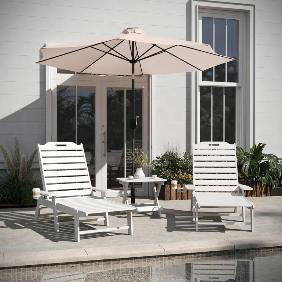 Flash Furniture Monterey 3-Piece Outdoor Adirondack Set with 2 Adjustable HDPE Lounge Chairs, Folding Side Table and Cup Holders - All-Weather Black Patio Furniture