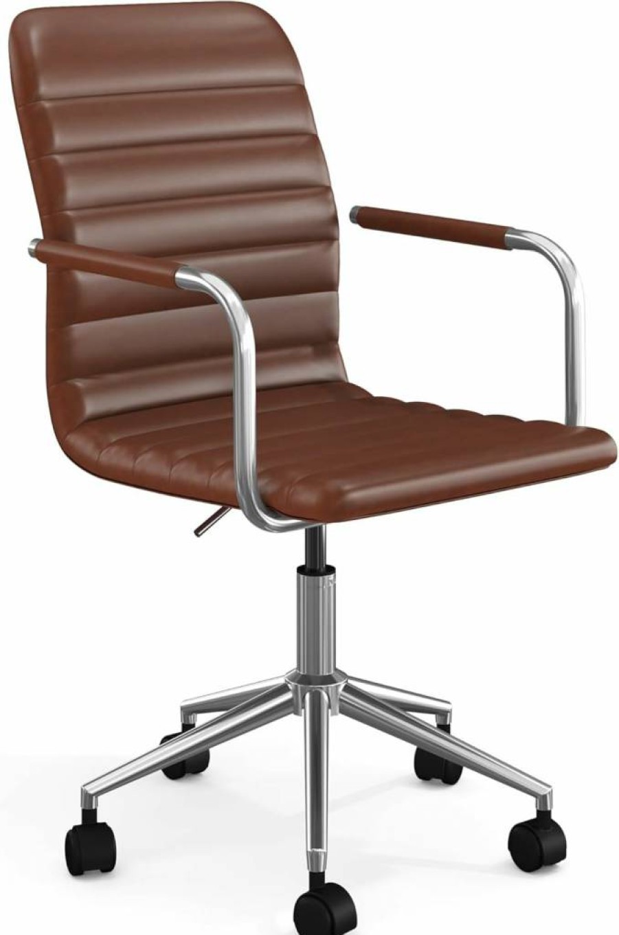 Martha Stewart White Faux Leather Swivel Office Chair With Armrests And Polished Brass Frame - Home Task Chair
