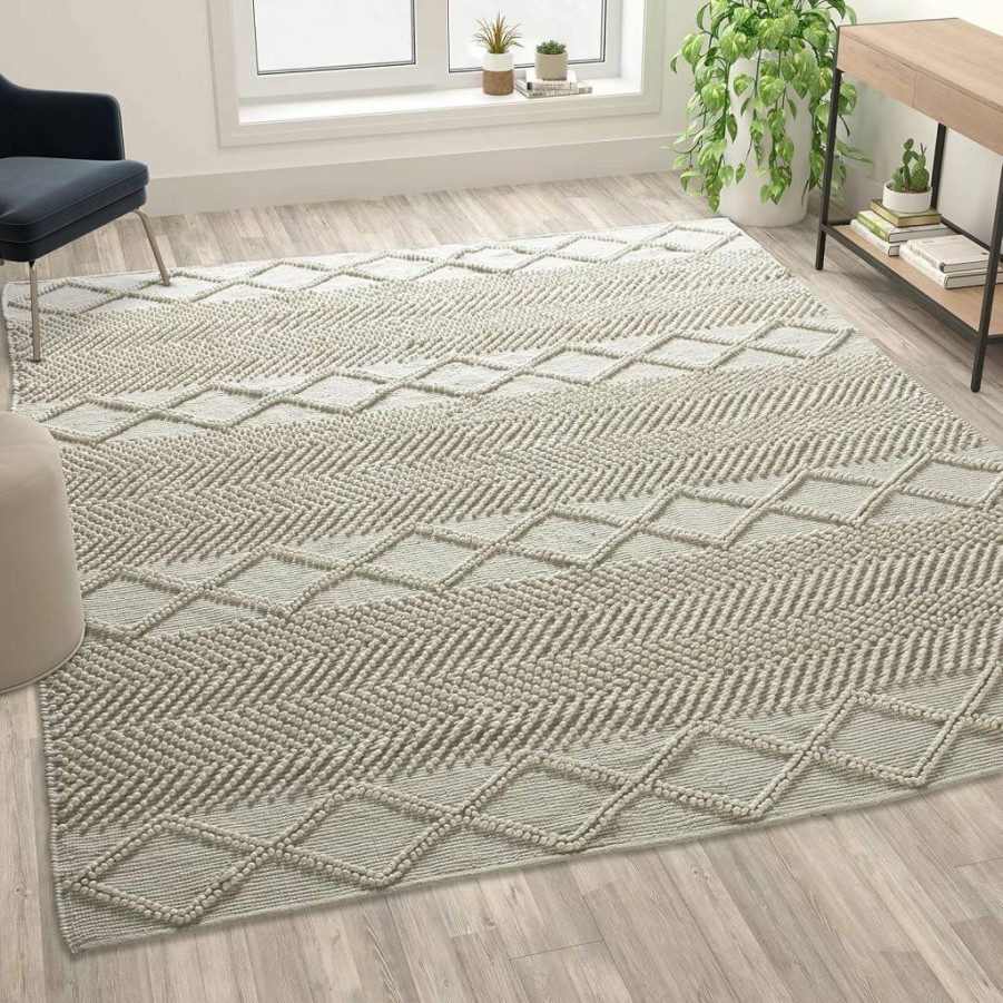 Flash Furniture Melissa Handwoven White Ivory 8x10 Geometric Area Rug - Premium Woven Design for Living Room, Bedroom