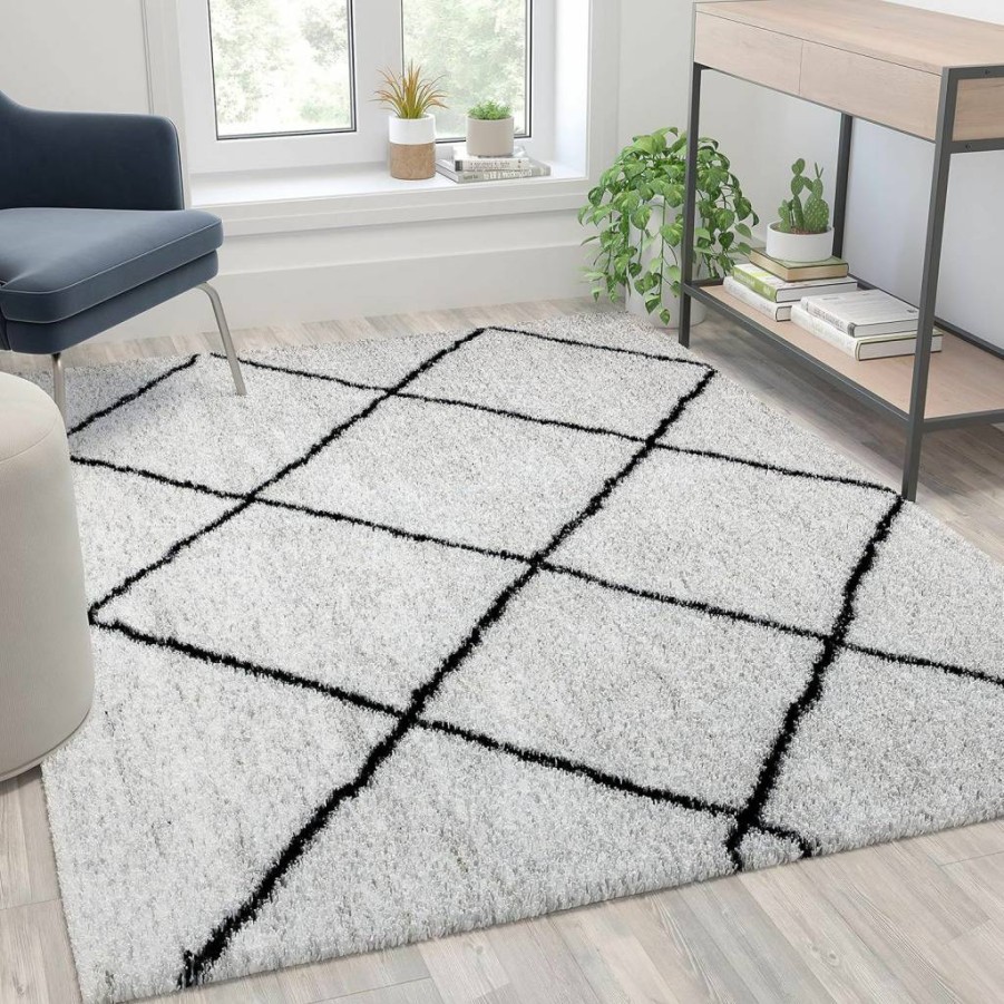 Flash Furniture Roxy 5'x7' Shag Area Rug - Soft Polyester Diamond Trellis Design in Charcoal & Ivory - Pet Friendly Living Room Carpet