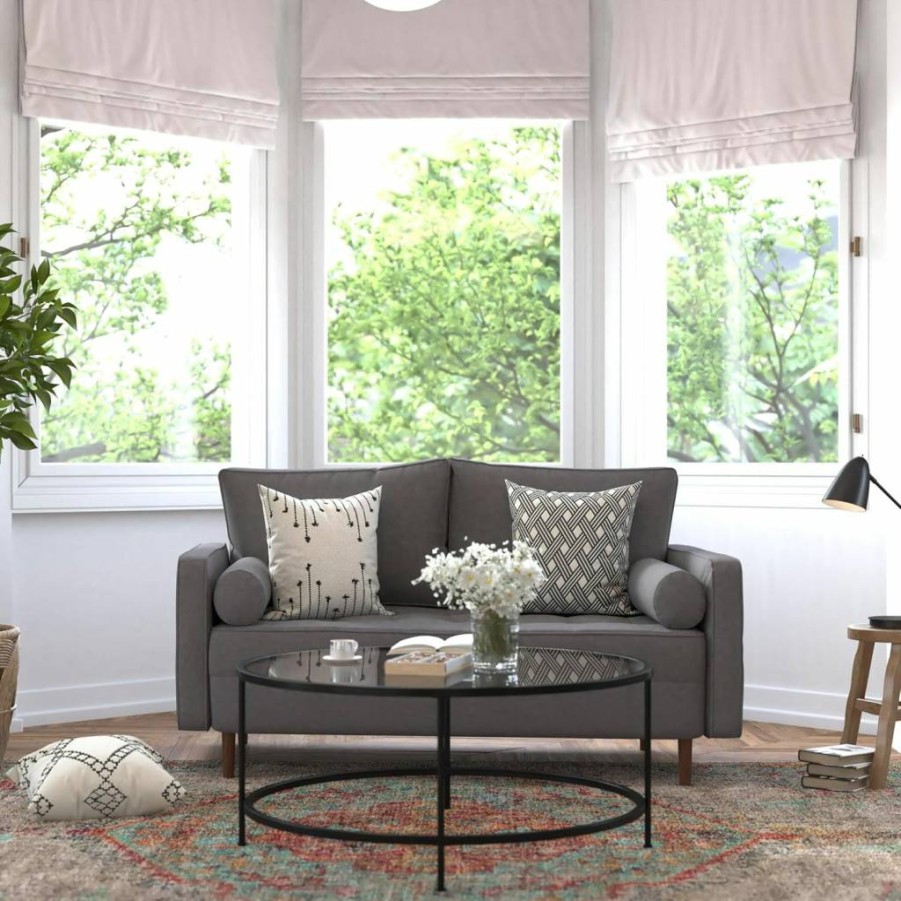 Flash Furniture Mid-Century Modern Loveseat - Dark Gray Faux Linen Sofa with Wooden Legs - Buttonless Tufted Design - Compact Two-Seater for Living Room