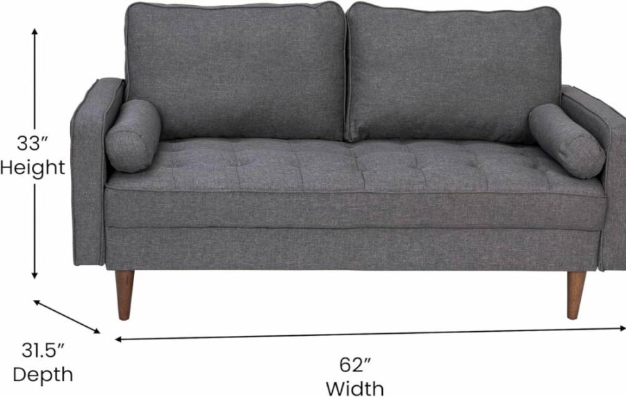 Flash Furniture Mid-Century Modern Loveseat - Dark Gray Faux Linen Sofa with Wooden Legs - Buttonless Tufted Design - Compact Two-Seater for Living Room