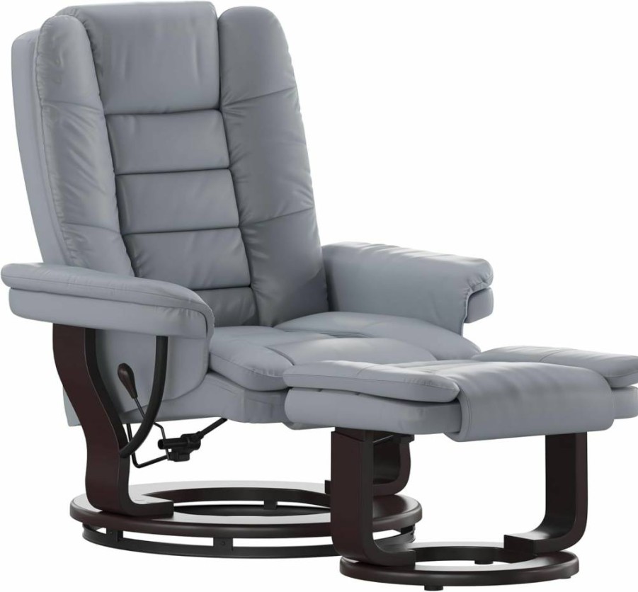 Flash Furniture Bali Gray Leathersoft Recliner with Ottoman, Swivel Mahogany Base, Multi-Position & Horizontal Stitching, Contemporary Design