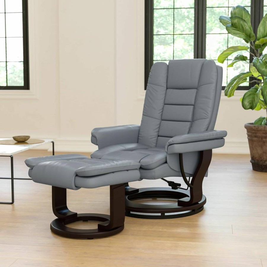 Flash Furniture Bali Gray Leathersoft Recliner with Ottoman, Swivel Mahogany Base, Multi-Position & Horizontal Stitching, Contemporary Design