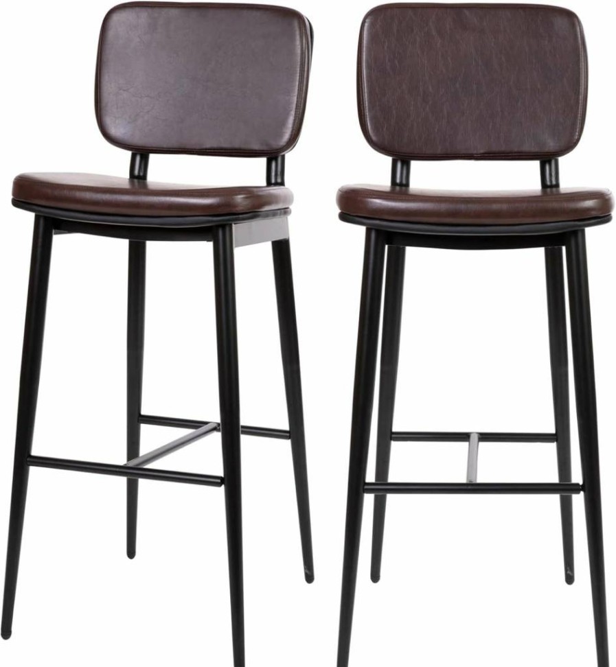 Flash Furniture Kenzie Commercial Grade Mid-Back Barstools Set of 2 - Brown Leathersoft Upholstery, Black Iron Frame with Footrest - Durable Bar Stools for Home & Commercial Use