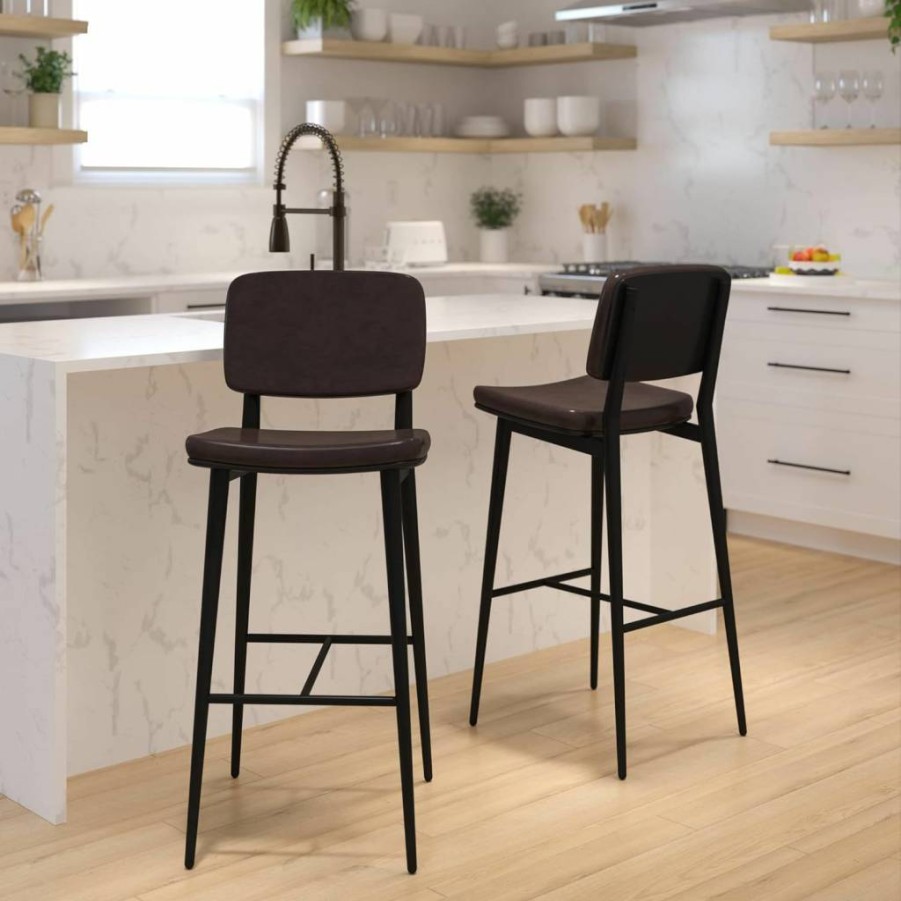 Flash Furniture Kenzie Commercial Grade Mid-Back Barstools Set of 2 - Brown Leathersoft Upholstery, Black Iron Frame with Footrest - Durable Bar Stools for Home & Commercial Use