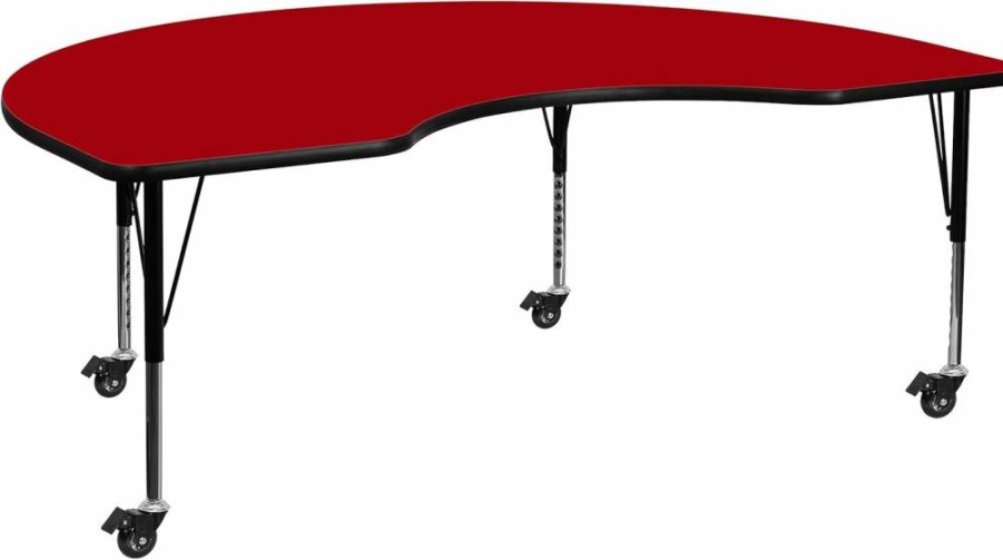 Flash Furniture Adjustable Height Red Laminate Activity Table 48x72 Inches Mobile Kidney Shaped Desk for Office or Classroom