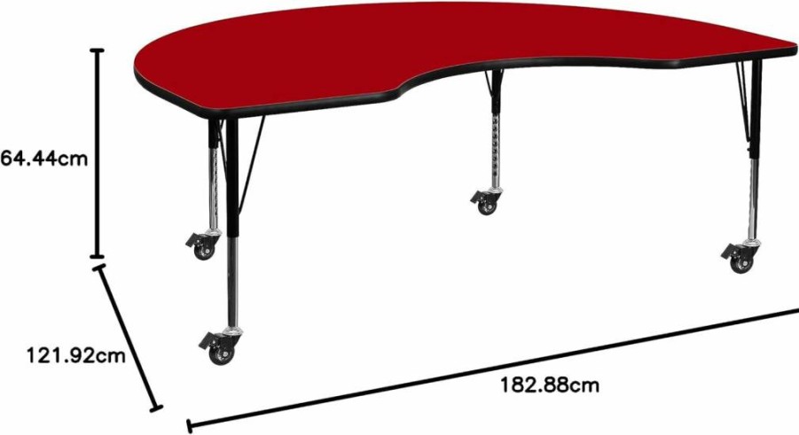 Flash Furniture Adjustable Height Red Laminate Activity Table 48x72 Inches Mobile Kidney Shaped Desk for Office or Classroom
