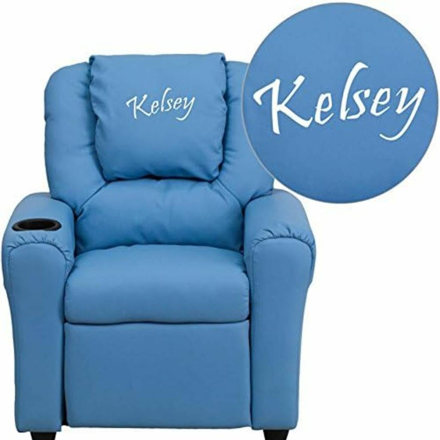 Flash Furniture Light Blue Vinyl Kids Recliner with Cup Holder & Headrest - Personalized Embroidery Design