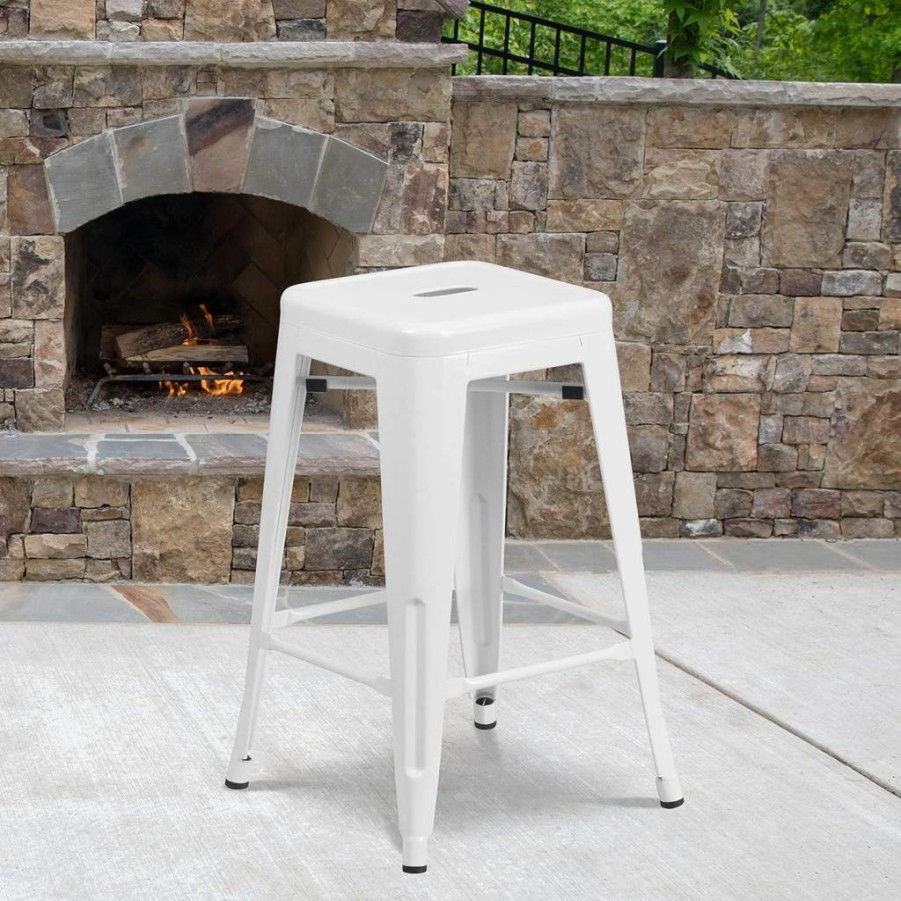 Flash Furniture Kai 24" Commercial Grade Indoor-Outdoor Counter Stool - Square Seat, Yellow Metal, Backless Bar Height Stool