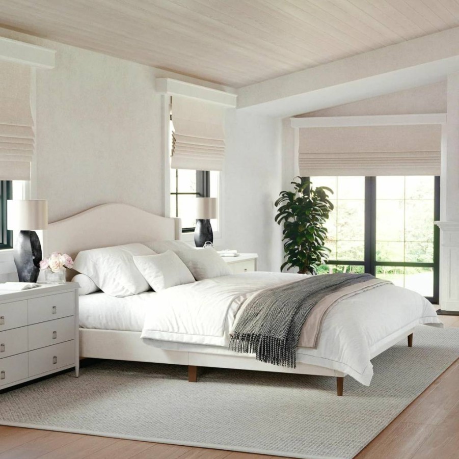 Martha Stewart Amelia King Size Upholstered Platform Bed with Curved Headboard, Cushioned Side Rails, and Wood Slat Support - Beige Faux Linen Fabric, No Box Spring Required