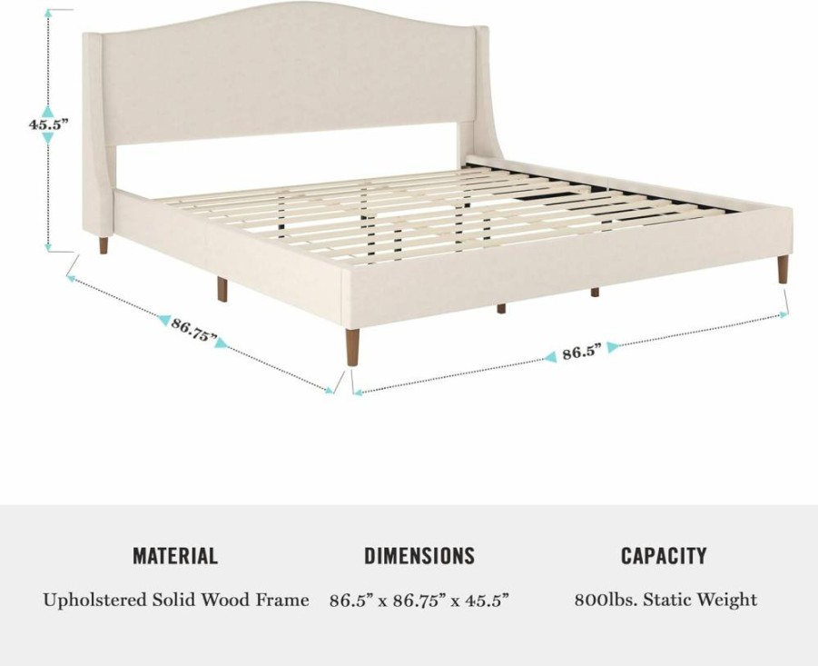 Martha Stewart Amelia King Size Upholstered Platform Bed with Curved Headboard, Cushioned Side Rails, and Wood Slat Support - Beige Faux Linen Fabric, No Box Spring Required