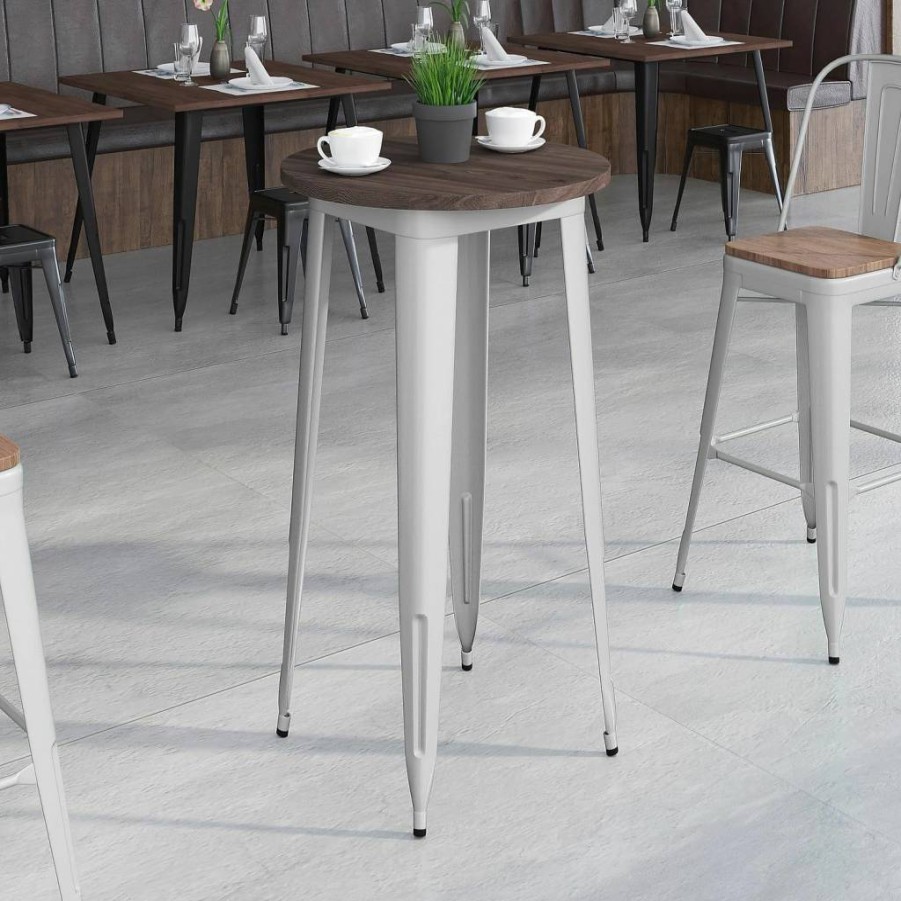 Flash Furniture 24-Inch Round Black Metal Base Walnut Wood Top Indoor Dining Table