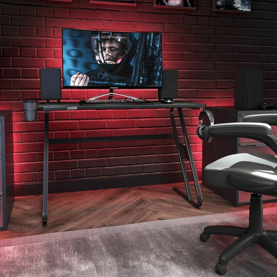 Flash Furniture 51.5" Black Fisher Gaming Desk - Ergonomic Computer Table with Cup Holder, Headphone Hook for Gamers
