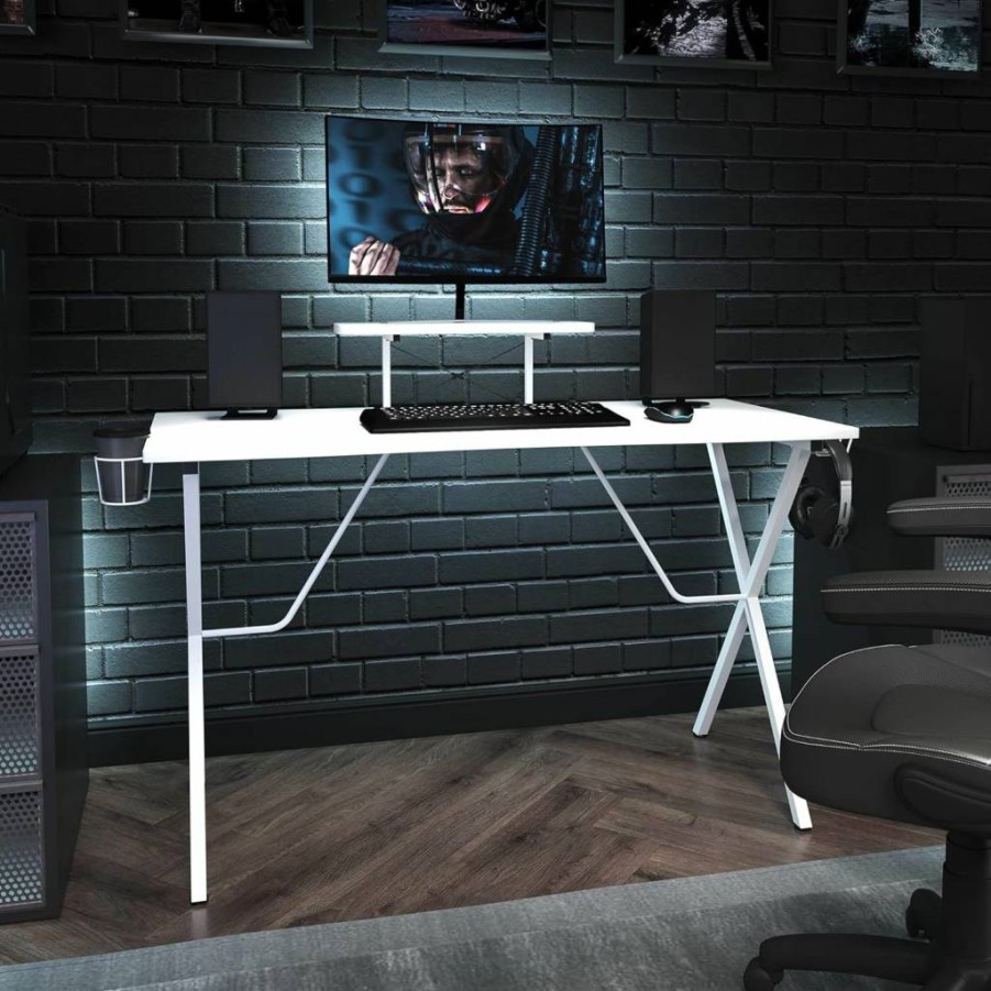 Flash Furniture 51.5" White Gaming Desk with Cup Holder, Headphone Hook & Monitor Stand - Ergonomic Computer Table for Gamers