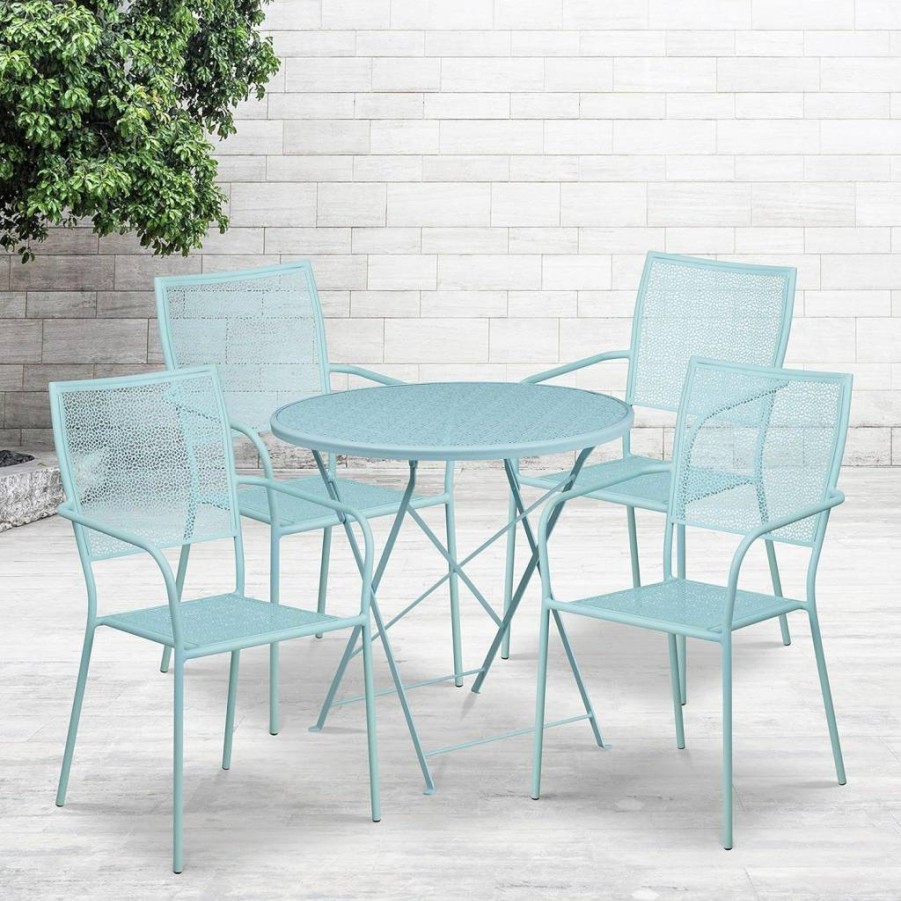 Flash Furniture 30-Inch Round Black Steel Folding Table Set with 4 Square Back Chairs for Indoor-Outdoor Patio Use