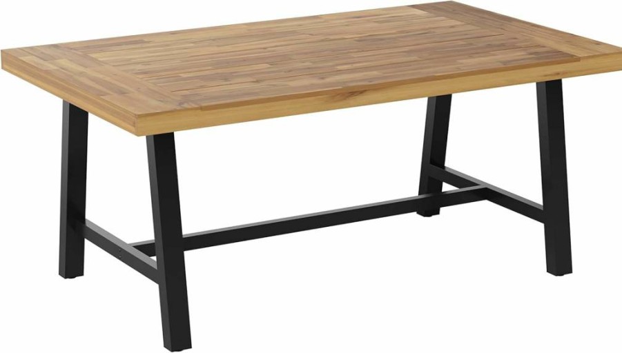 Flash Furniture Rafe Acacia Wood Dining Table - Commercial Grade, Rectangle Patio Table with Metal Base & Plank Style Top, Indoor/Outdoor Use, Natural/Black Finish