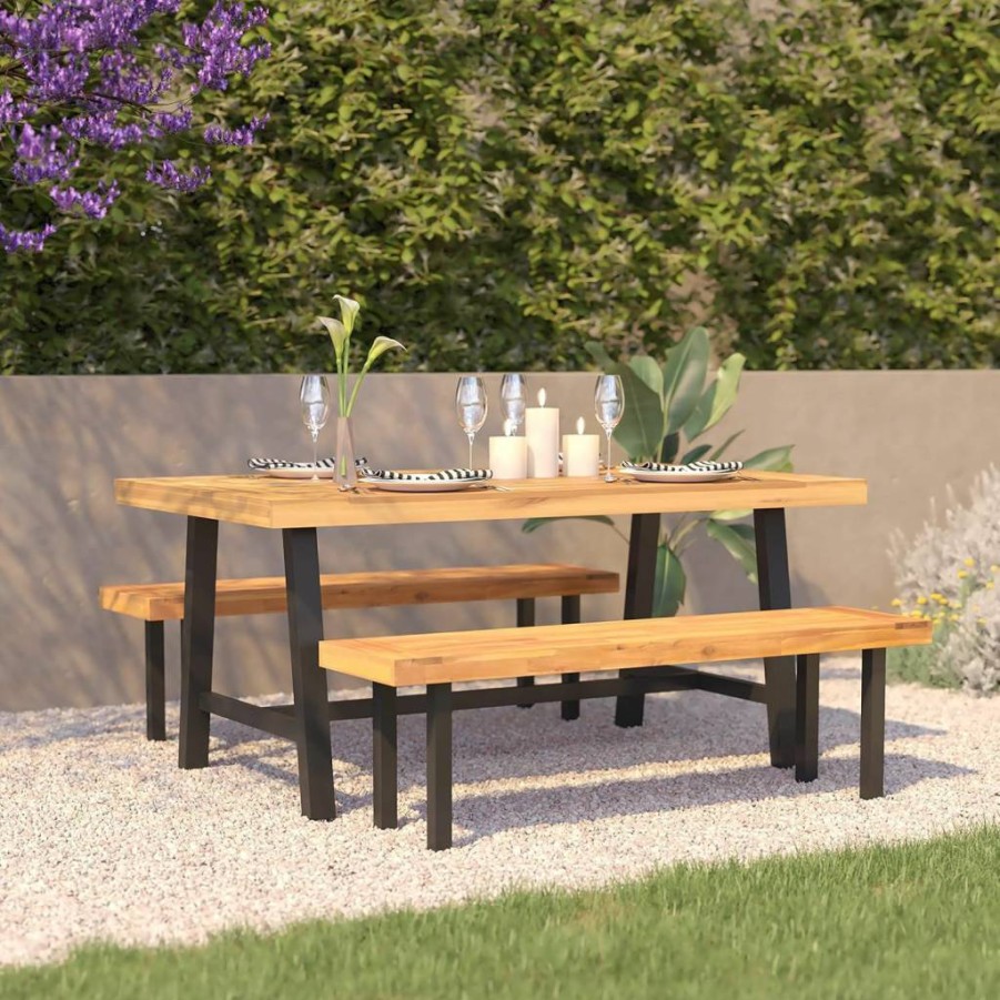 Flash Furniture Rafe Acacia Wood Dining Table - Commercial Grade, Rectangle Patio Table with Metal Base & Plank Style Top, Indoor/Outdoor Use, Natural/Black Finish