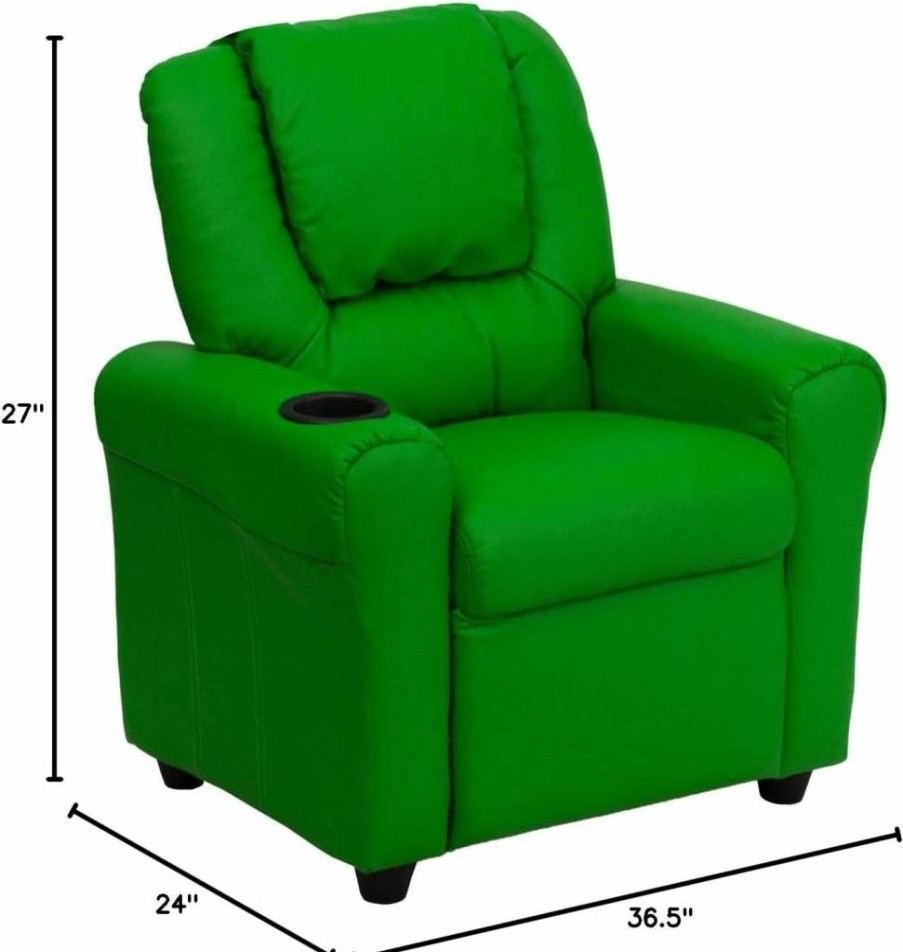 Flash Furniture Contemporary Kids Recliner Chair with Cup Holder, Headrest - Green Vinyl, Modern Comfort for Children