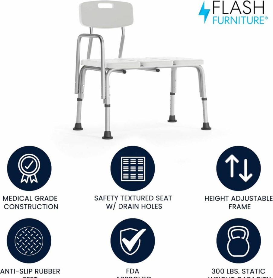 Flash Furniture Hercules Series 300 LB Capacity Adjustable Shower Bench with Backrest & Armrest - Gray Bath Transfer Seat for Elderly & Disabled