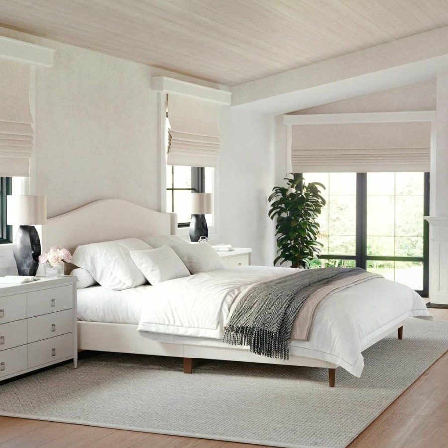 Martha Stewart Amelia Queen Upholstered Platform Bed with Curved Headboard, Cushioned Rails, Wood Slats, No Box Spring Required, Beige Faux Linen Fabric