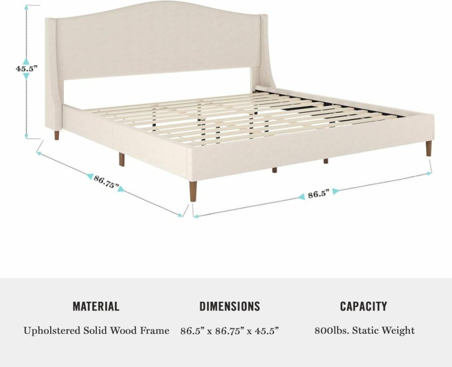Martha Stewart Amelia Queen Upholstered Platform Bed with Curved Headboard, Cushioned Rails, Wood Slats, No Box Spring Required, Beige Faux Linen Fabric