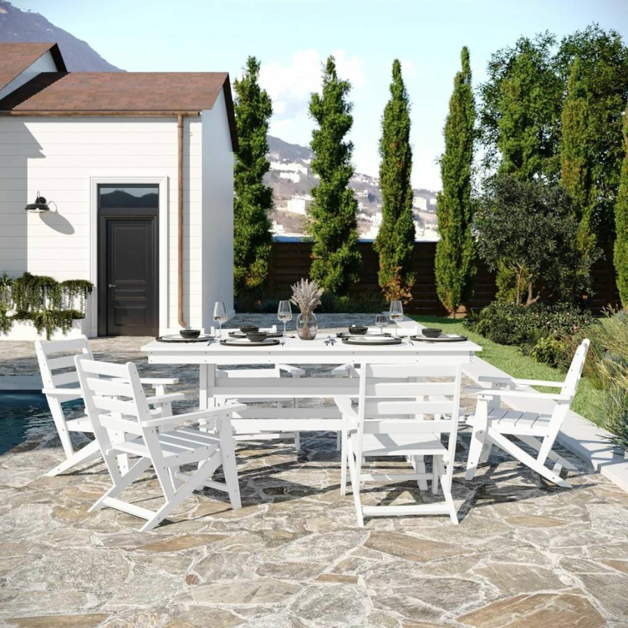 Flash Furniture 7-Piece Gray Adirondack Dining Set with 72" Rectangle Table & 6 Chairs, Commercial Grade Recycled HDPE, Indoor-Outdoor Use, Cup Holders Included