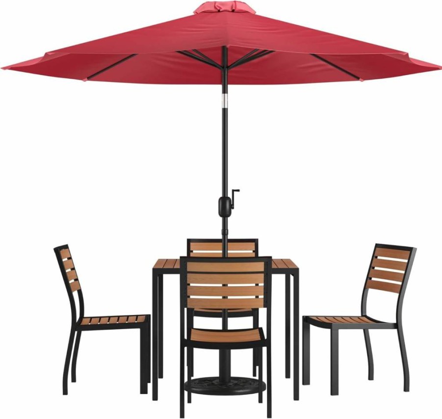 Flash Furniture 7-Piece Outdoor Patio Set with 35" Square Faux Teak Table, 4 Stackable Chairs, and Tan Umbrella with Base