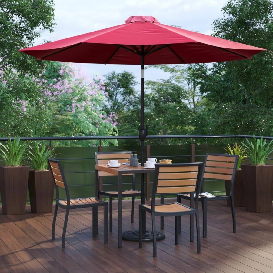 Flash Furniture 7-Piece Outdoor Patio Set with 35" Square Faux Teak Table, 4 Stackable Chairs, and Tan Umbrella with Base