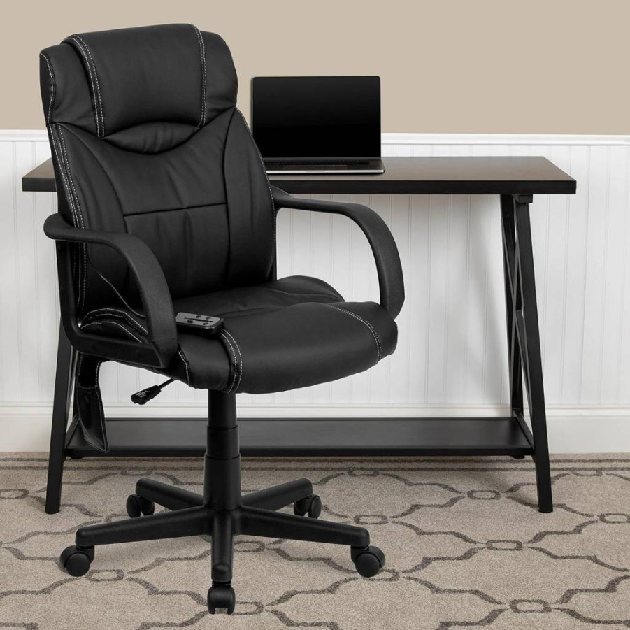 Flash Furniture Laverne Ergonomic Executive Office Chair - Mid-Back Massaging Swivel with Arms, Black Leathersoft