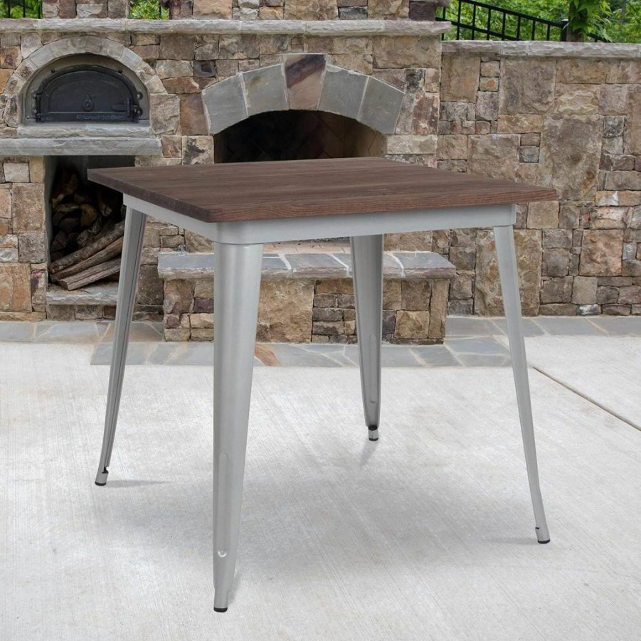 Flash Furniture Toby 31.5" Square Black Metal Dining Table with Rustic Walnut Wood Top for Indoor Use