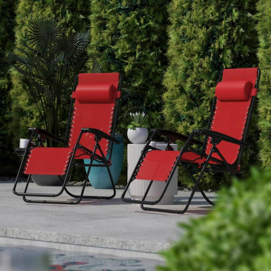 Flash Furniture Black Zero Gravity Lounge Chair Set of 2 - Adjustable Folding Mesh Recliner with Pillow & Cup Holder Tray