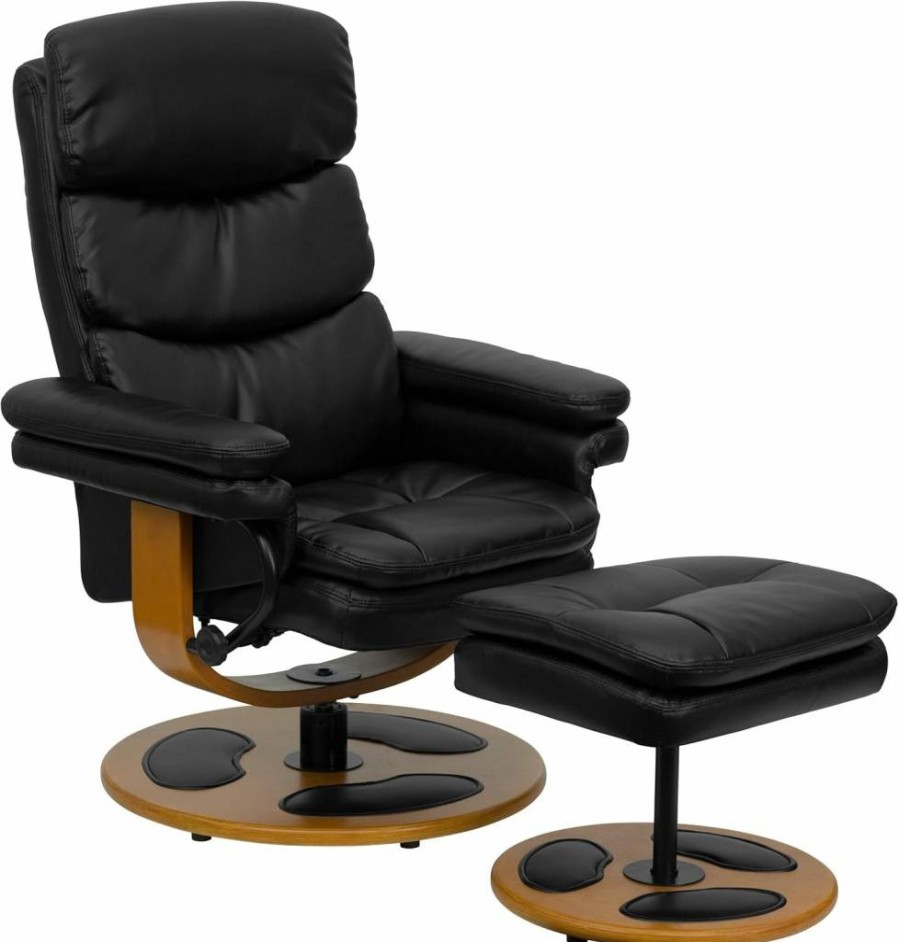 Flash Furniture Whitney Black Leathersoft Recliner Chair with Ottoman - Multi-Position Adjustable Lounge Chair with Wood Base