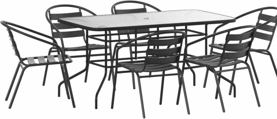 Flash Furniture 7-Piece Outdoor Patio Dining Set with Rectangular Glass Table & 6 Black Slat Back Chairs, Lila Collection