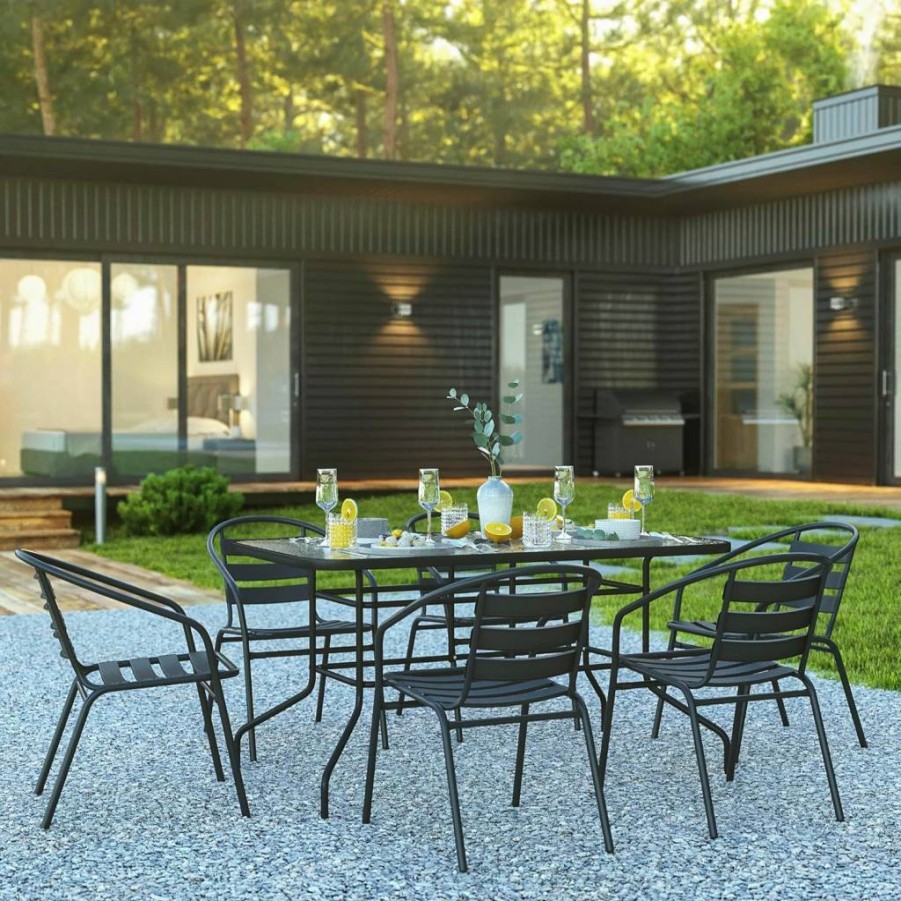 Flash Furniture 7-Piece Outdoor Patio Dining Set with Rectangular Glass Table & 6 Black Slat Back Chairs, Lila Collection