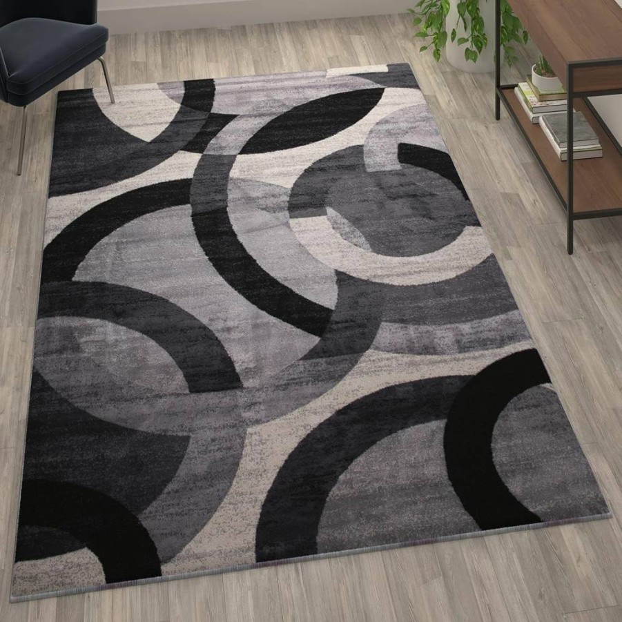 Flash Furniture Harken Collection 6' x 9' Black and Gray Geometric Olefin Area Rug with Jute Backing for Living Room or Bedroom